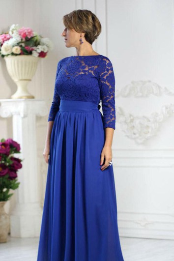 Bateau Lace 3-4 Sleeve A-line Pleated Chiffon Long Dress