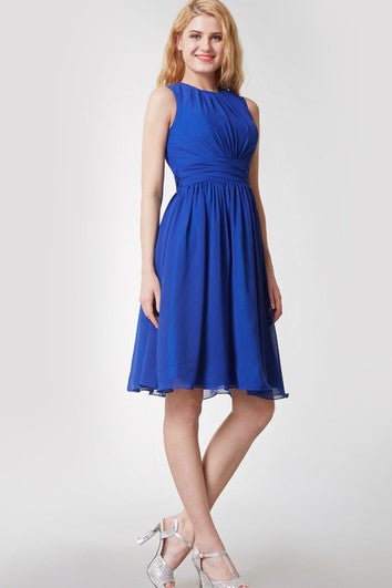 Elegant High Neck Pleated Short Chiffon Dress With Sash