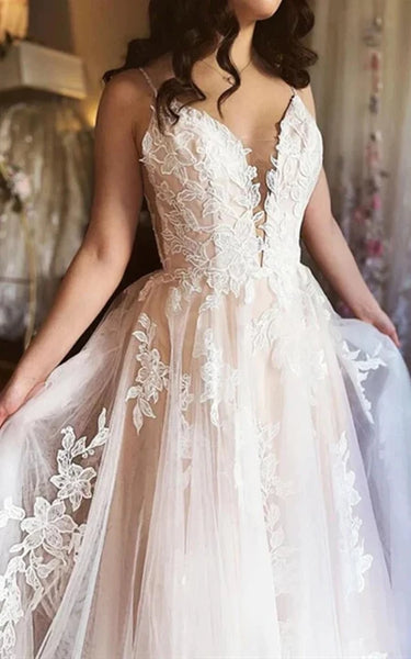 Spaghetti Plunged Lace Applique Empire Elegant Wedding Dress