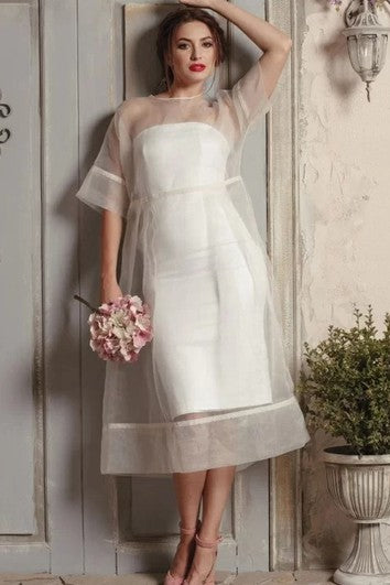 Modern A Line Organza Tea-length Half Sleeve Button Wedding Dress