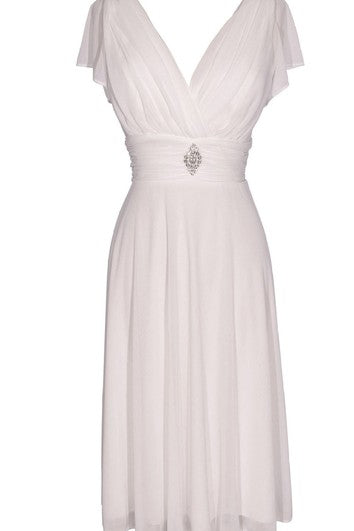 Short Sleeve V-neck Knee-length Chiffon Dress With Beading