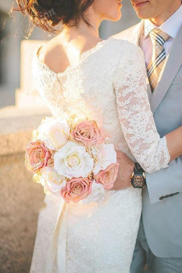 Romantisches Strand-Brautkleid mit 3/4-Ärmeln und Juwelen, schlichtes weißes Bohemian-Spitzenkleid