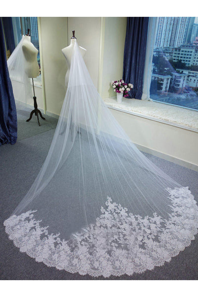 Romantic Tulle Long Wedding Veil with Lace Edge