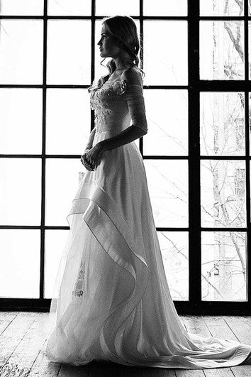 Chiffon Tulle Lace Button Back Wedding Dress