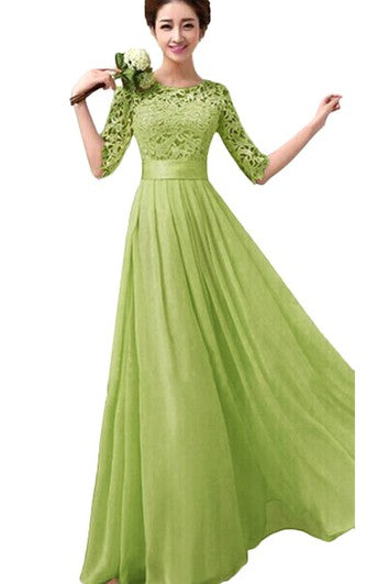 Robe de demoiselle d'honneur longue avec corsage en dentelle et ceinture