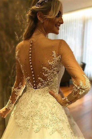 Illusion Deep V Neck Pearls Beaded Backless Sheer See Through Lace Wedding Dress