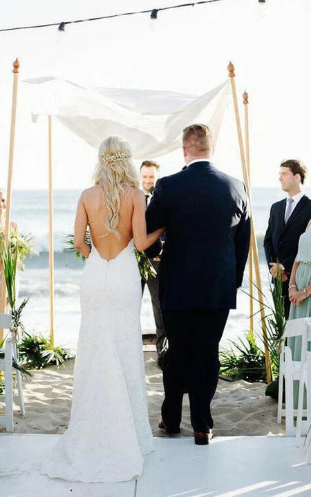 Spaghetti neformální plážové krajkové pouzdrové šaty bez zad letní svatební šaty