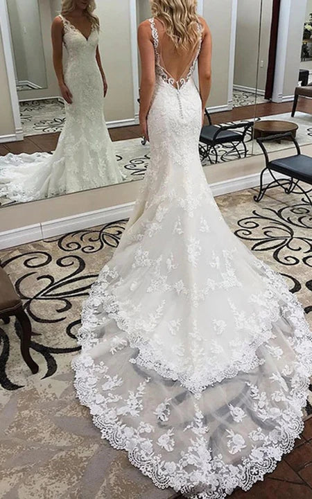 V-neck Lace Deep-v Back Sheath Wedding Dress with Court Train