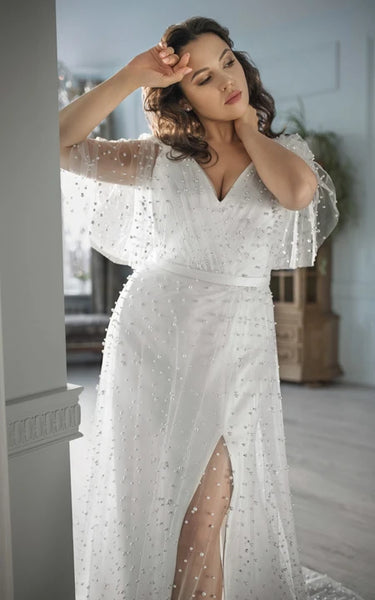 V-neck Slit Front Plus Size Chiffon Ruched Wedding Dress with Beaded Tulle Overlay