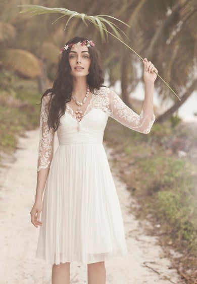 Schlichtes Chiffon-Etuikleid im Strandstil mit V-Ausschnitt, mittellanges Kleid mit 3-4 Ärmeln und Rüschen