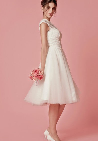 Aristocratic Cap-sleeve High Neck Tea-length Dress With Lace Top