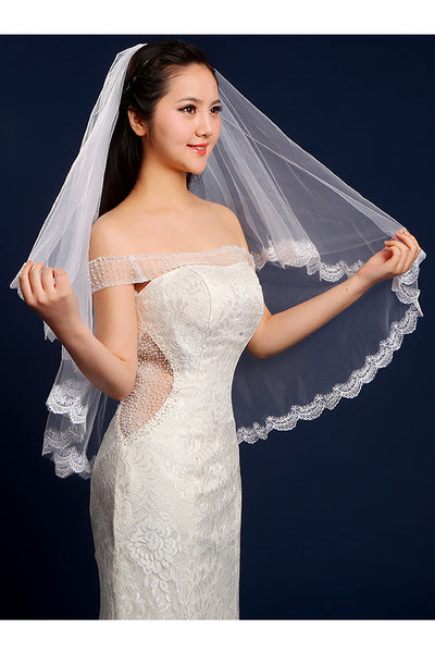 Simple Two Layered Tulle Elbow Wedding Veil with Lace Edge