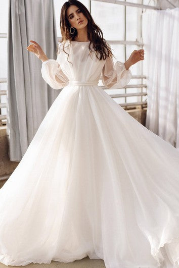 Bohemian Bateau A Line Floor-length Sweep Train Long Sleeve Wedding Dress