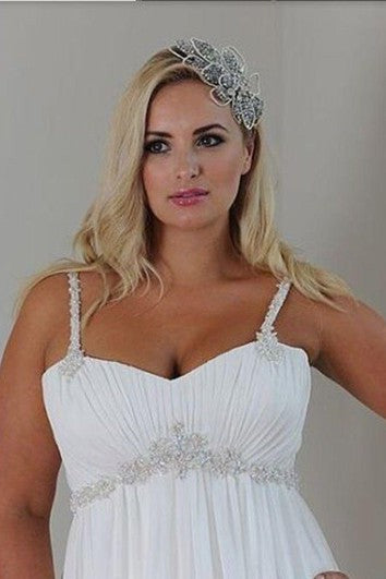 Plus Size Spaghettiträger Chiffon Strand Brautkleid mit Kristallperlen