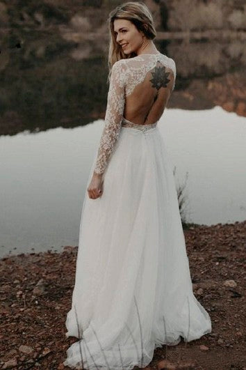 Elegant Keyhole Lace Long Sleeve Tulle Bridal Gown With Ruching