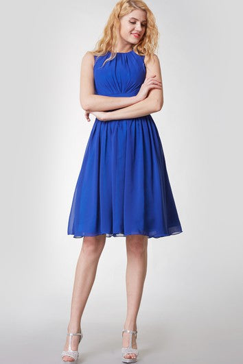 Elegant High Neck Pleated Short Chiffon Dress With Sash