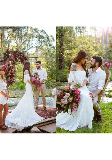 Krátký rukáv Krajkový Šaty bez ramínek s aplikacemi s vlečkou Bohemian svatební šaty