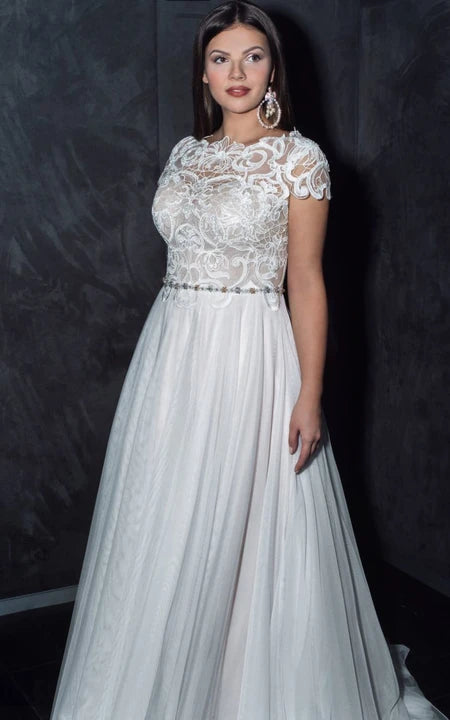 Cap-sleeve Plus Size Pleated A-line Tulle Wedding Dress and Lace Top