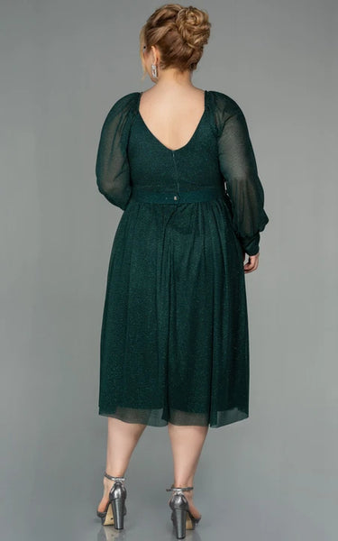 Casual Long Sleeve V-neck Criss-cross Empire Tea-length Plus Size Mother of Bride Dress