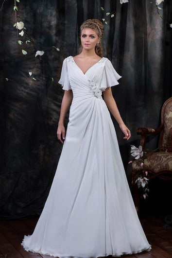 A-Line Floor-Length V-Neck Poet-Sleeve Corset-Back Chiffon Dress With Side Draping And Flower