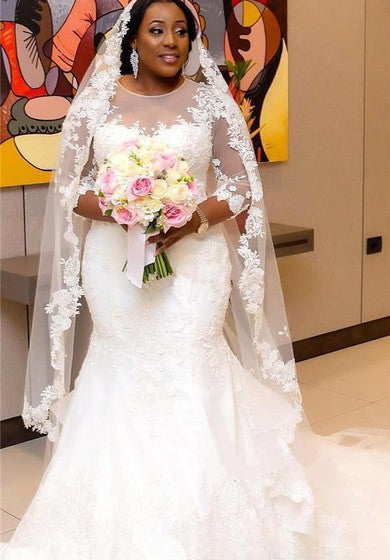 Transparentes Meerjungfrau-Brautkleid in Übergröße mit 3–4 langen Ärmeln