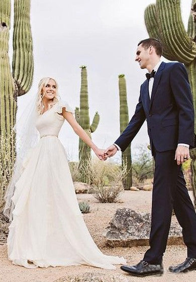 Flowy Beach Mangas cortas Cinturón de cuentas Garlón Modesto Vestido de novia