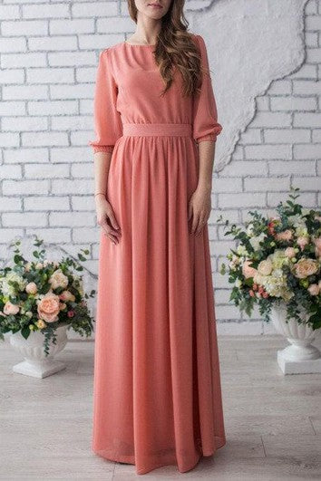 Anlass Langes Chiffon Pfirsich Hochzeit Mutter der Braut Mit Ärmel Kleid