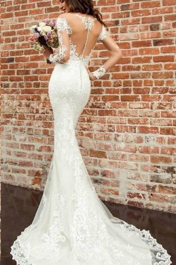 Sexy Bateau Mermaid Floor-length Court Train 3/4 Length Sleeve Wedding Dress With Appliques