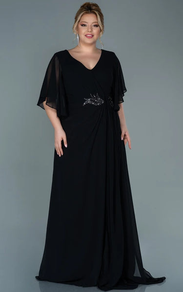 Empire Chiffon V-neck Bat Sleeve Empire Ruched Plus Size Mother of Bride Dress