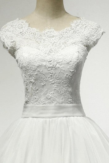 Cap Sleeve Jewel Neckline A-Line Tulle Dress With Lace Bodice and Lace Hemline