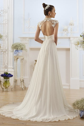 A-Line Maxi High-Neck Cap-Sleeve Backless Chiffon Dress With Appliques And Pleats