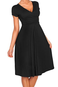 Short-sleeved V-neck A-line Ruched Jersey Dress