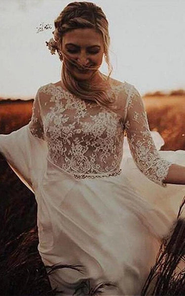 Modest Country Long Sleeve Lace Tulle Flowy Empire Dress