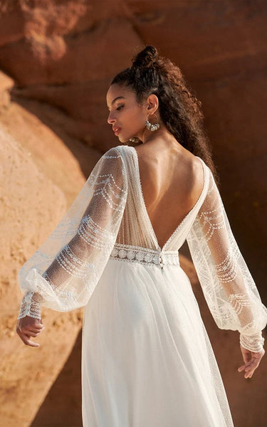 Boho V-neck Illusion Long Sleeve Tulle Wedding Dress with Front Split and Low-v Back