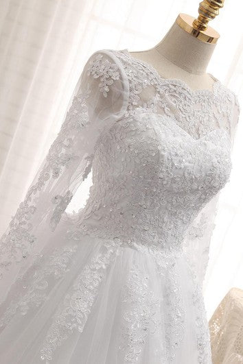 A-Line Long Jewel Long Sleeve Appliques Chapel Train Zipper Lace-Up Back Tulle Lace Sequins Dress