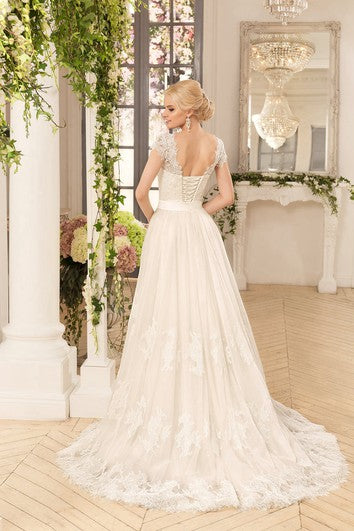 A-Line Floor-Length V-Neck Cap-Sleeve Corset-Back Lace Satin Dress Wit – Ms. Grace