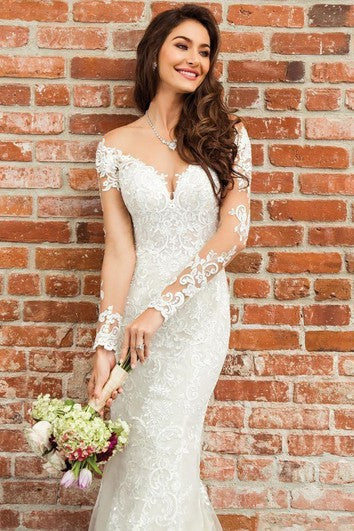 Sexy Bateau Mermaid Floor-length Court Train 3/4 Length Sleeve Wedding Dress With Appliques