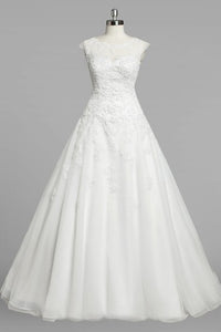 Jewel Neck Cap Sleeve A-Line Organza Wedding Dress With Lace Bodice