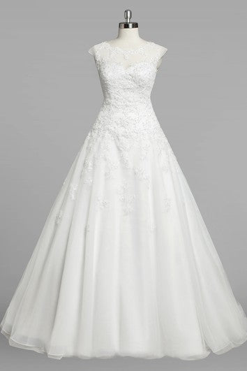 Jewel Neck Cap Sleeve A-Line Organza Wedding Dress With Lace Bodice