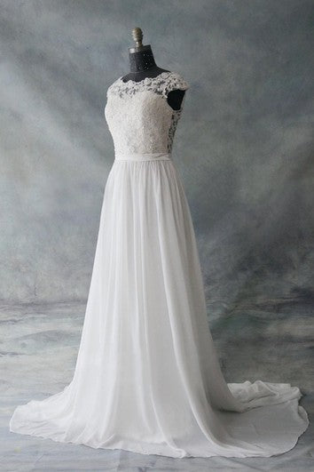 Cap Sleeve Chiffon and Lace Dress With Low-V Back