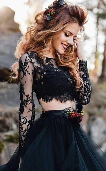 Black | Gothic Two Piece A-line Long Sleeve Prom | Wedding Dress with Drapings and Flowers