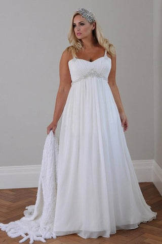 Plus Size Spaghetti Strap Crystal Beaded Chiffon Beach Wedding Gown