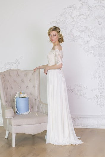 Off-the-shoulder A-line Chiffon Wedding Dress With Lace Bodice