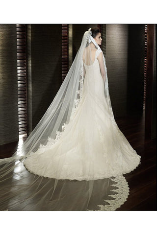 Long Soft Tulle Bridal Veil with Lace Appliques