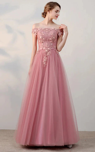 Blush Off-the-shoulder Empire Tulle Lace Applique Pleated Floor-length Prom Dress