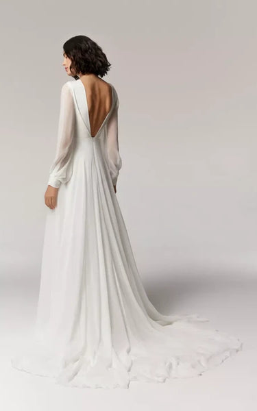 Flowy Chiffon Long Sleeve Empire Sheath Wedding Dress with Low-v Back