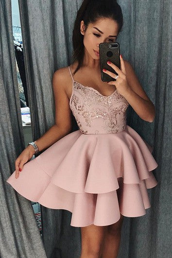 Satin A Line Sleeveless with Beading Ruffles and Tiers Homecoming Dress