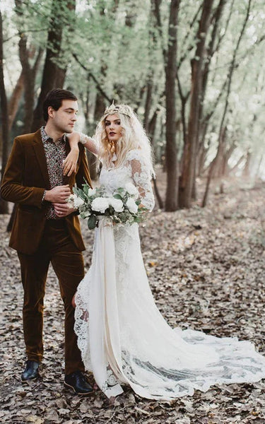 V-neck Long Sleeve Lace Layered Country Wedding Dress