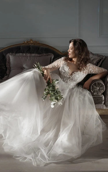 Plus Size Illusion 3-4-sleeve A-line Ball Gown V-neck Wedding Dress with Sweep Train