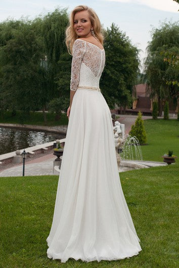 Appliqued 3-4 Sleeve Scoop Neck Chiffon Wedding Dress